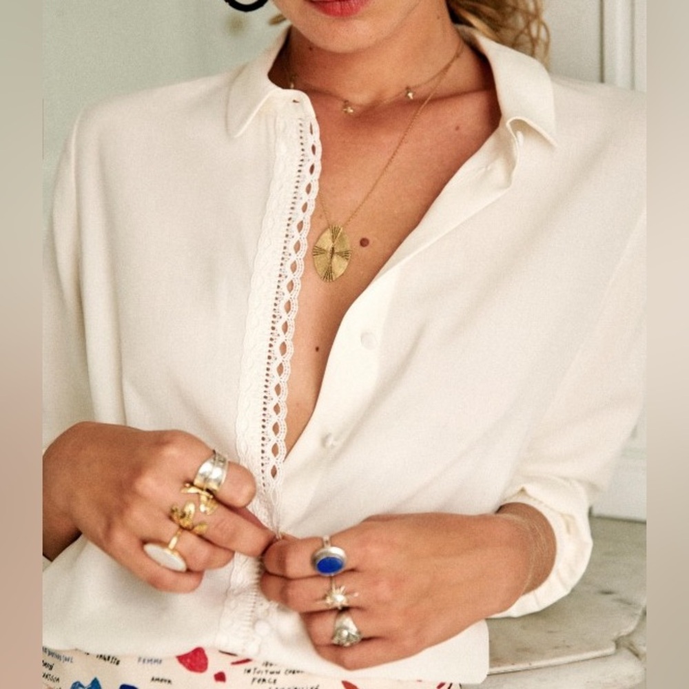 Sézane Charlotte Silk Button Up Top in Ecru